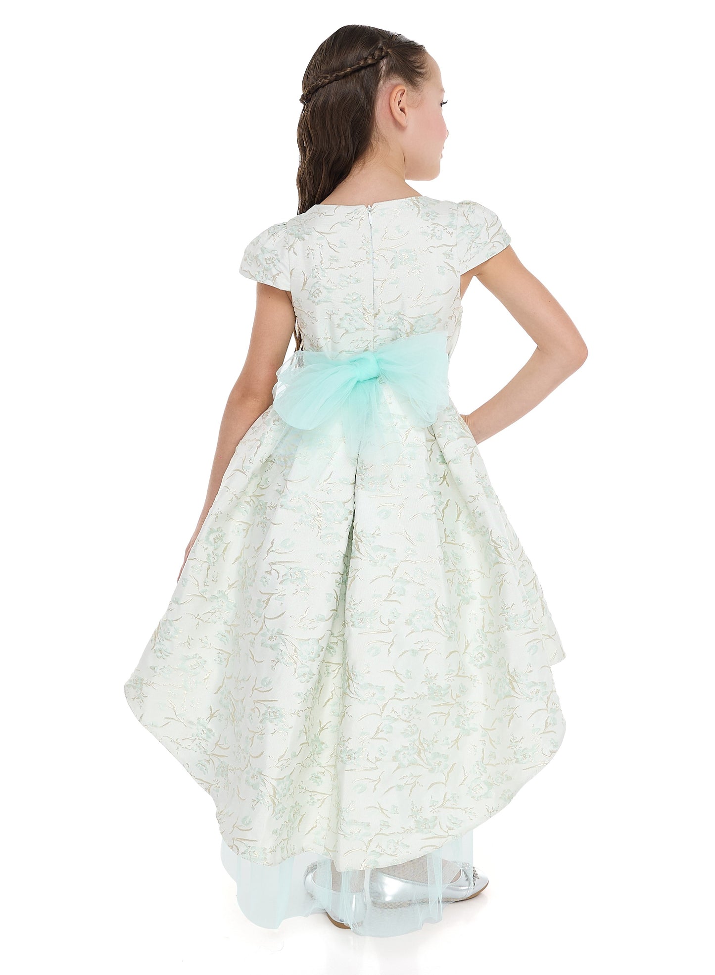 Mint Green/Gold Jacquard High Low Tail Dress With Tulle Mesh