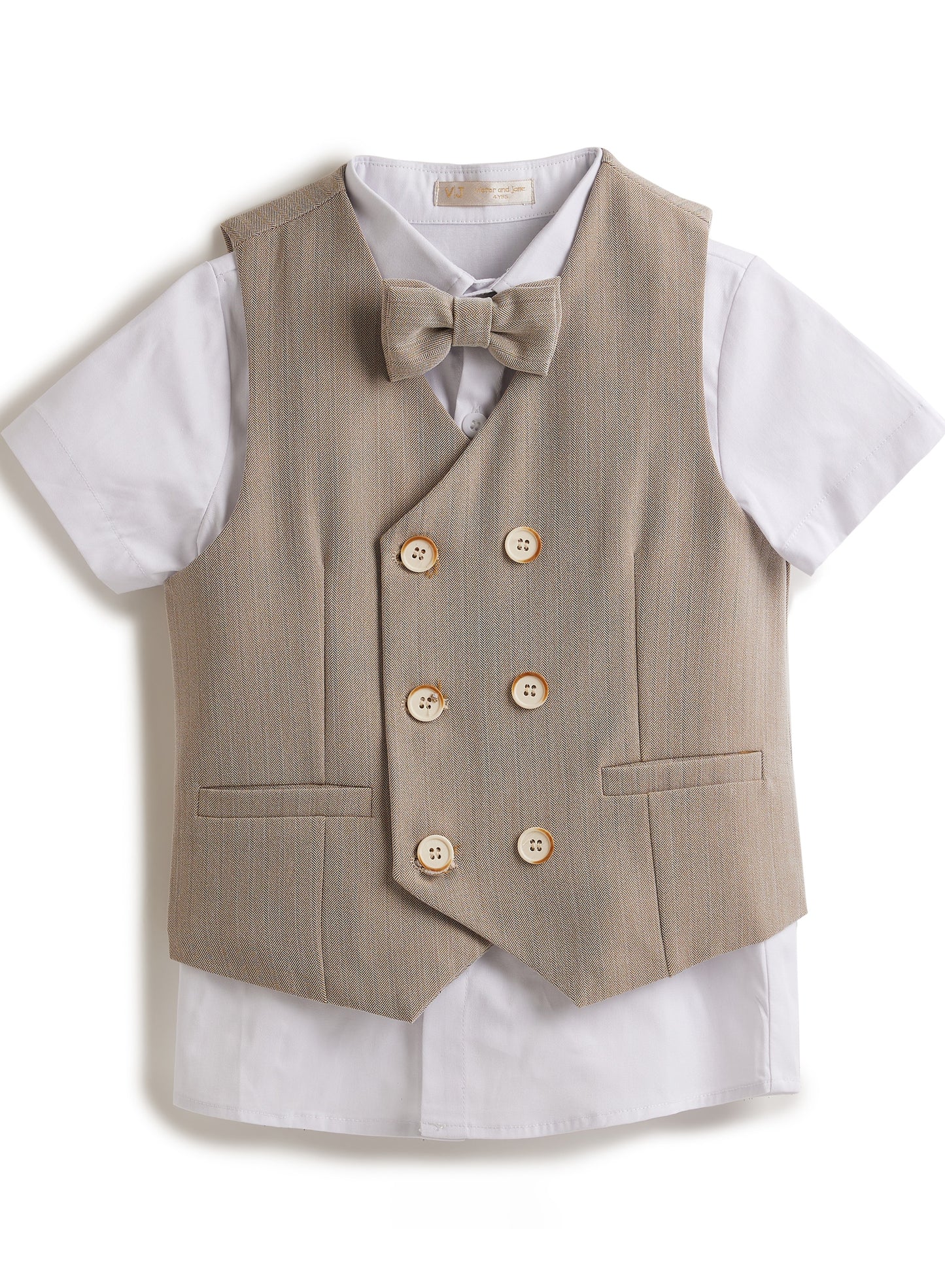 Neutral/Beige Waistcoat And Short Set With Shirt And Bow Tie