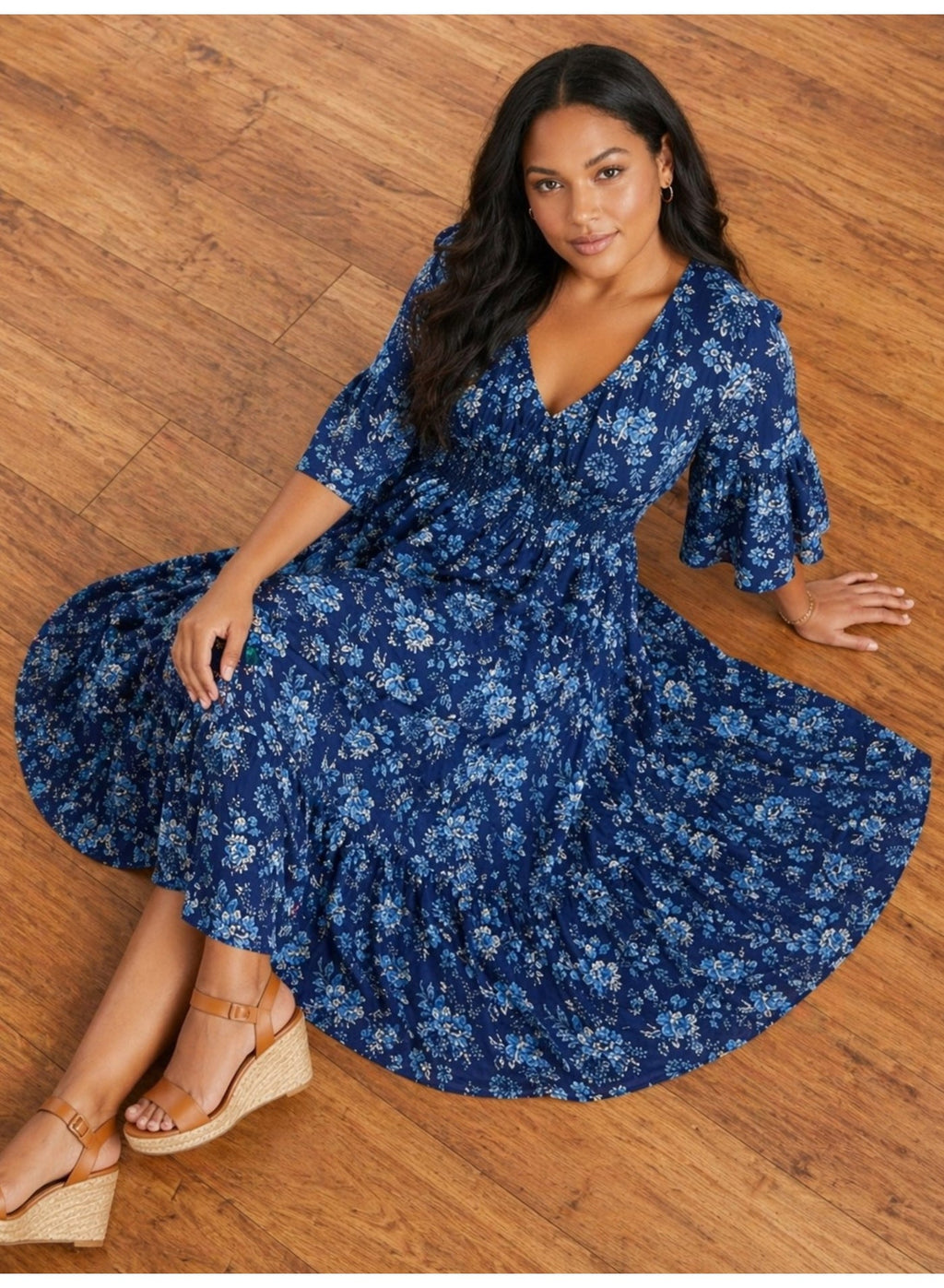 Women'S Blue Printed Midi Dress