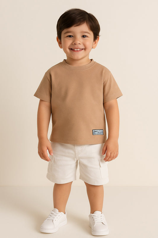 Junior Boys Textured Cotton T-Shirt - Beige