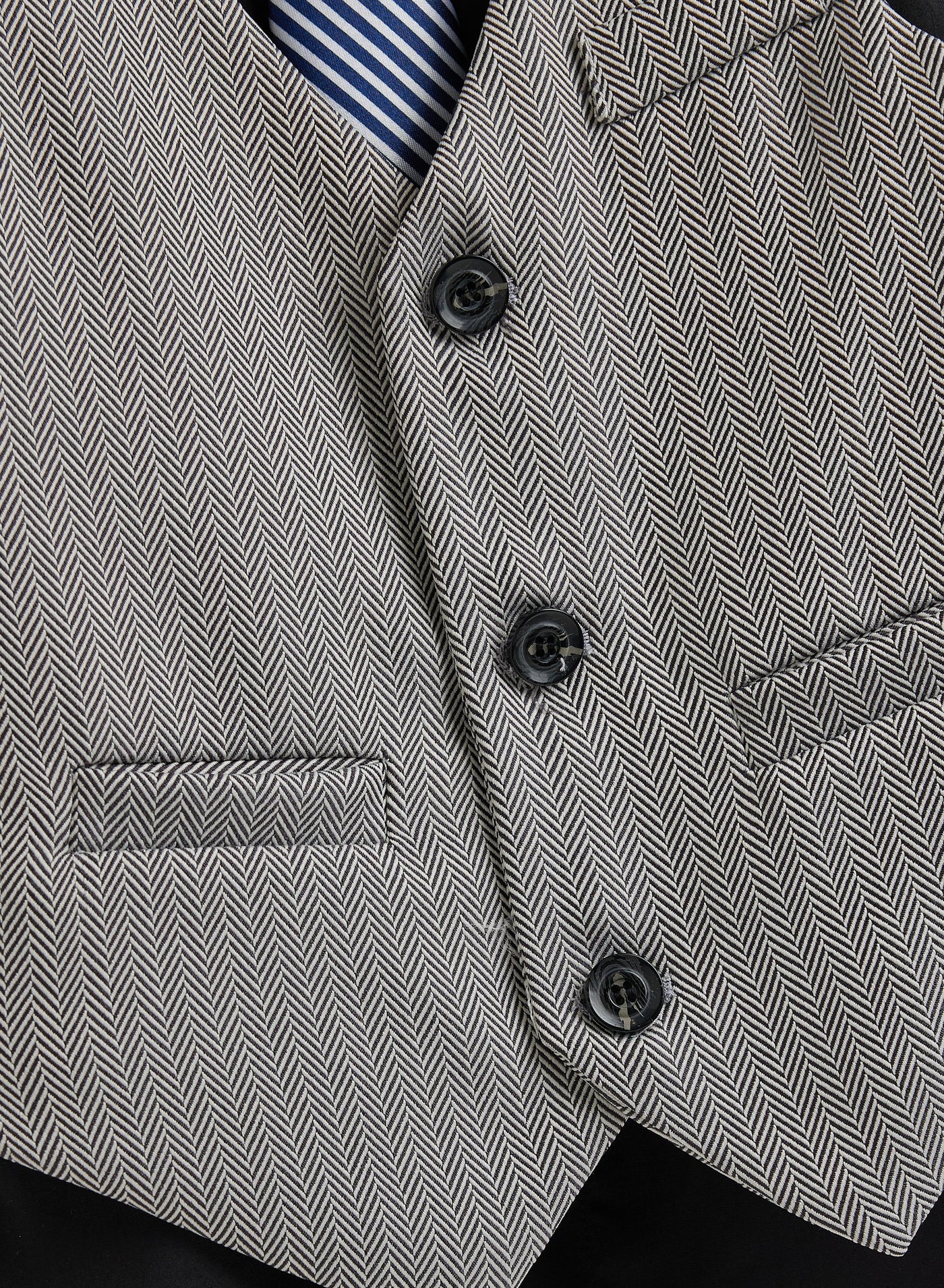 Grey Herringbone Waistcoat And Pant Set With Shirt And Tie