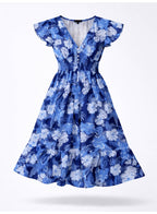 Blue Floral V-Neck Dress With Flutter Sleeves