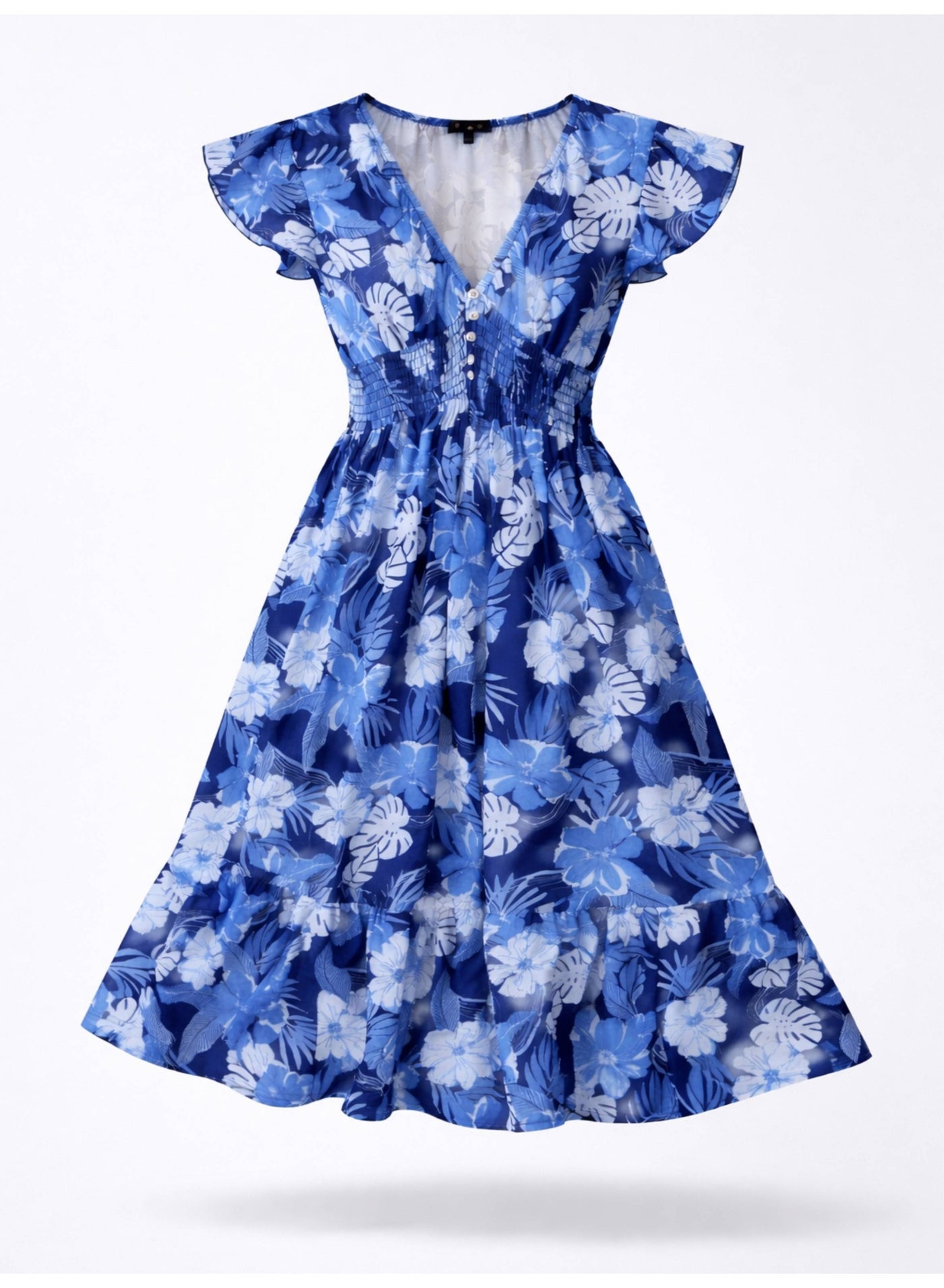 Blue Floral V-Neck Dress With Flutter Sleeves