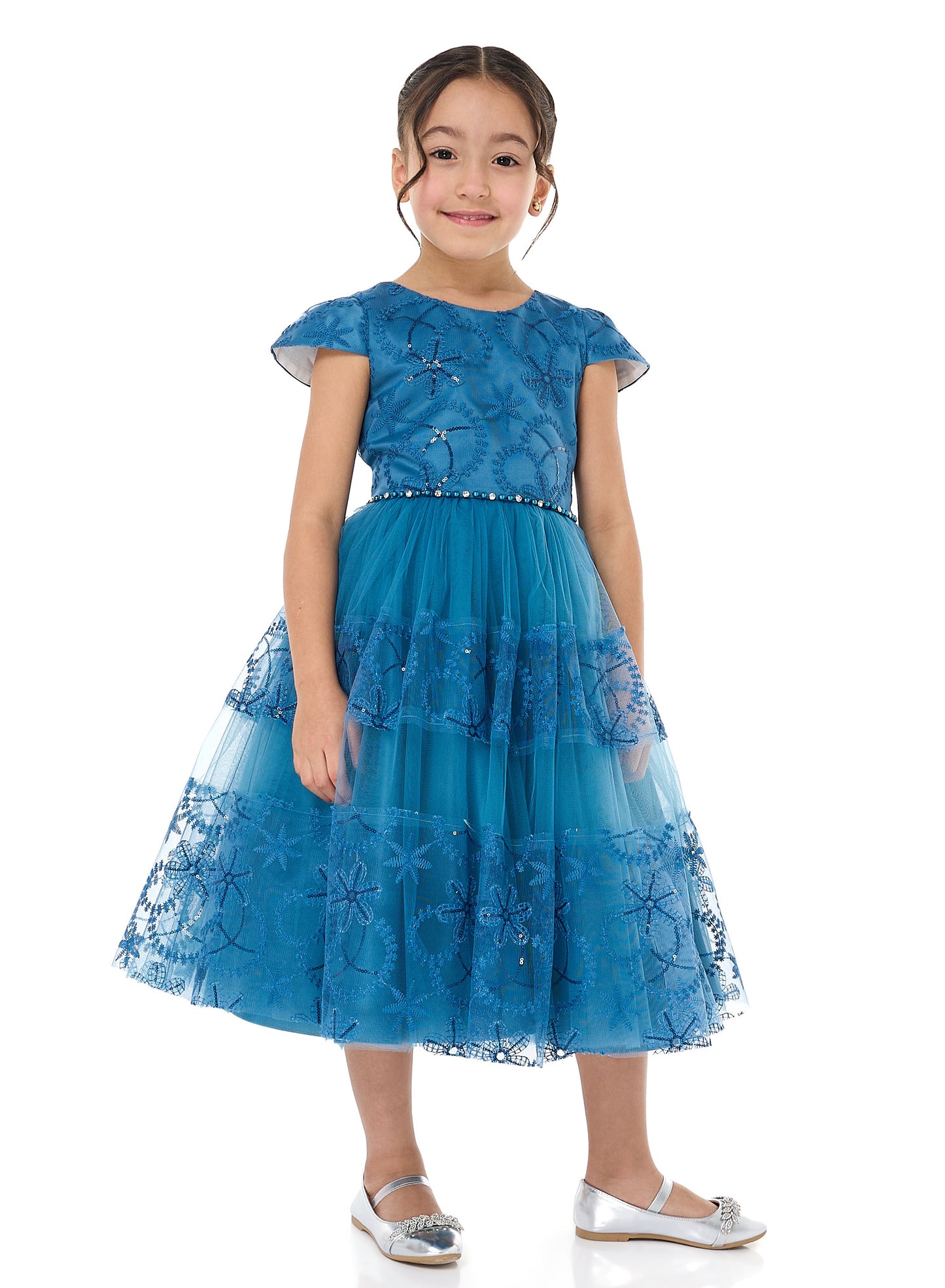 Elegant Blue Tulle Dress With Lace And Sequins