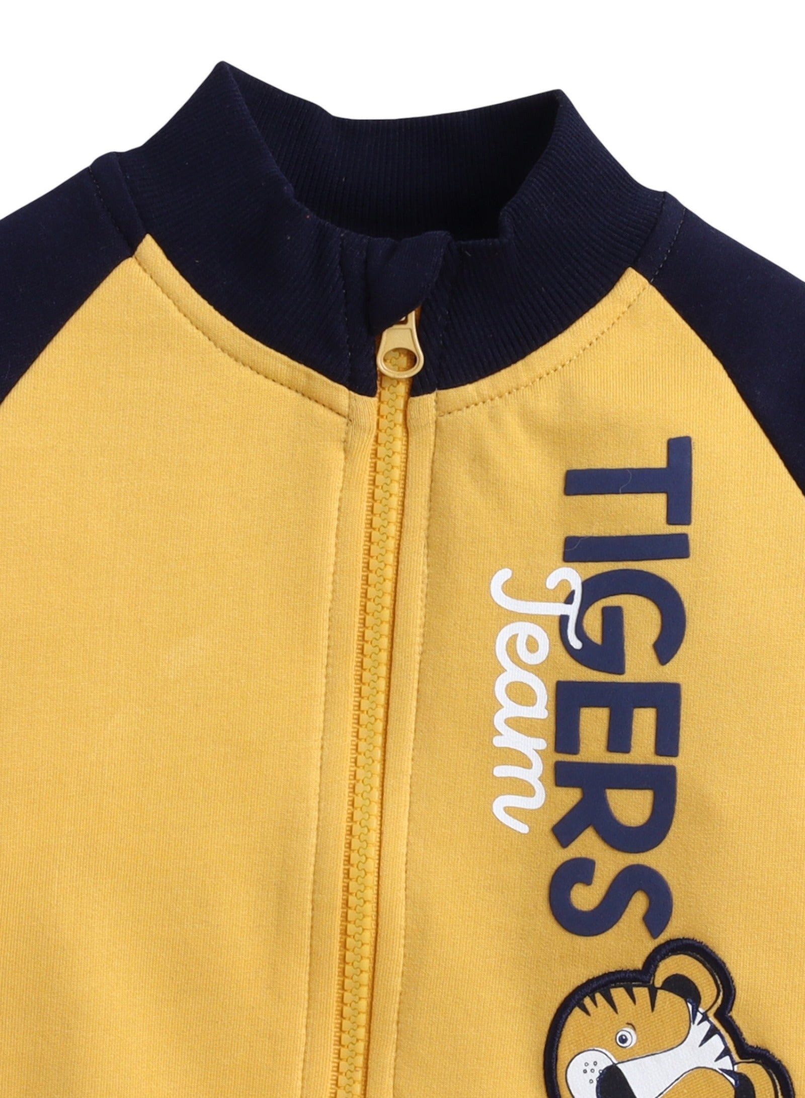 Victor And Jane Cotton Fleece Tigers Team Graphic Full Sleeves Jacket And Joggers Set With T-Shirt - Navy Blue/Yellow/White