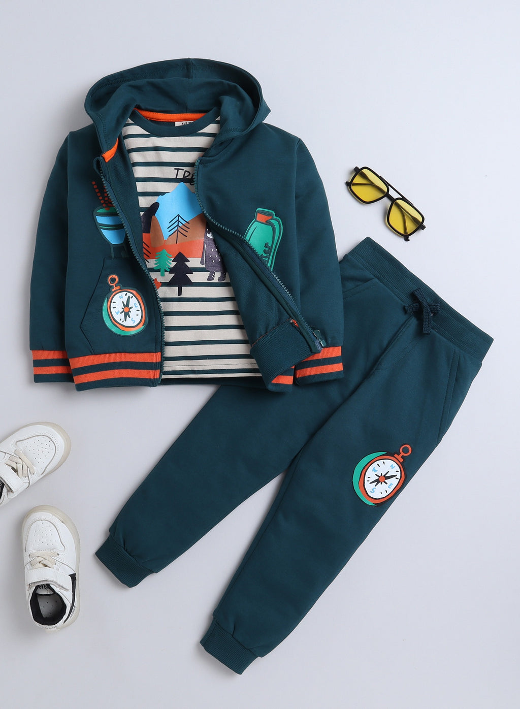 Boys' 3-Piece Set - Stripe Long Tee, Dark Green Fullzipper Hoody Jacket And Dark Green Jogger Sets ,