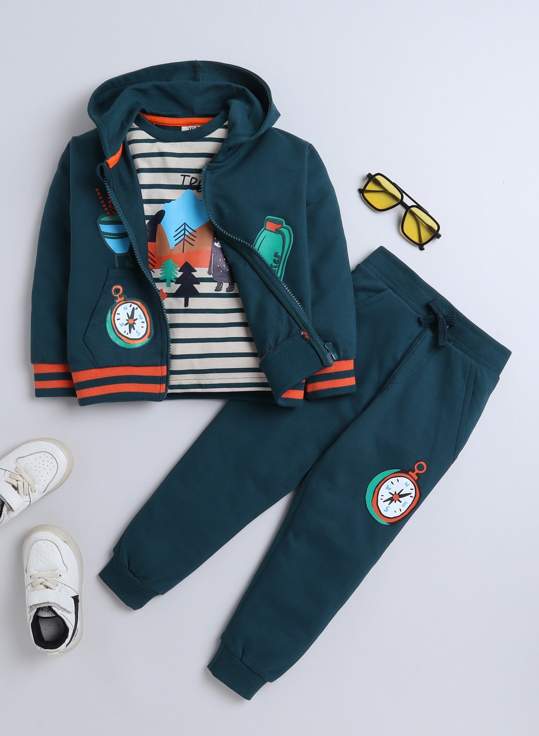 Boys' 3-Piece Set - Stripe Long Tee, Dark Green Fullzipper Hoody Jacket And Dark Green Jogger Sets ,