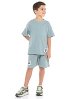 Oversized - Boys' Jacquard 2-Piece Set - T-Shirt With Badge Detail And Matching Shorts With Pockets