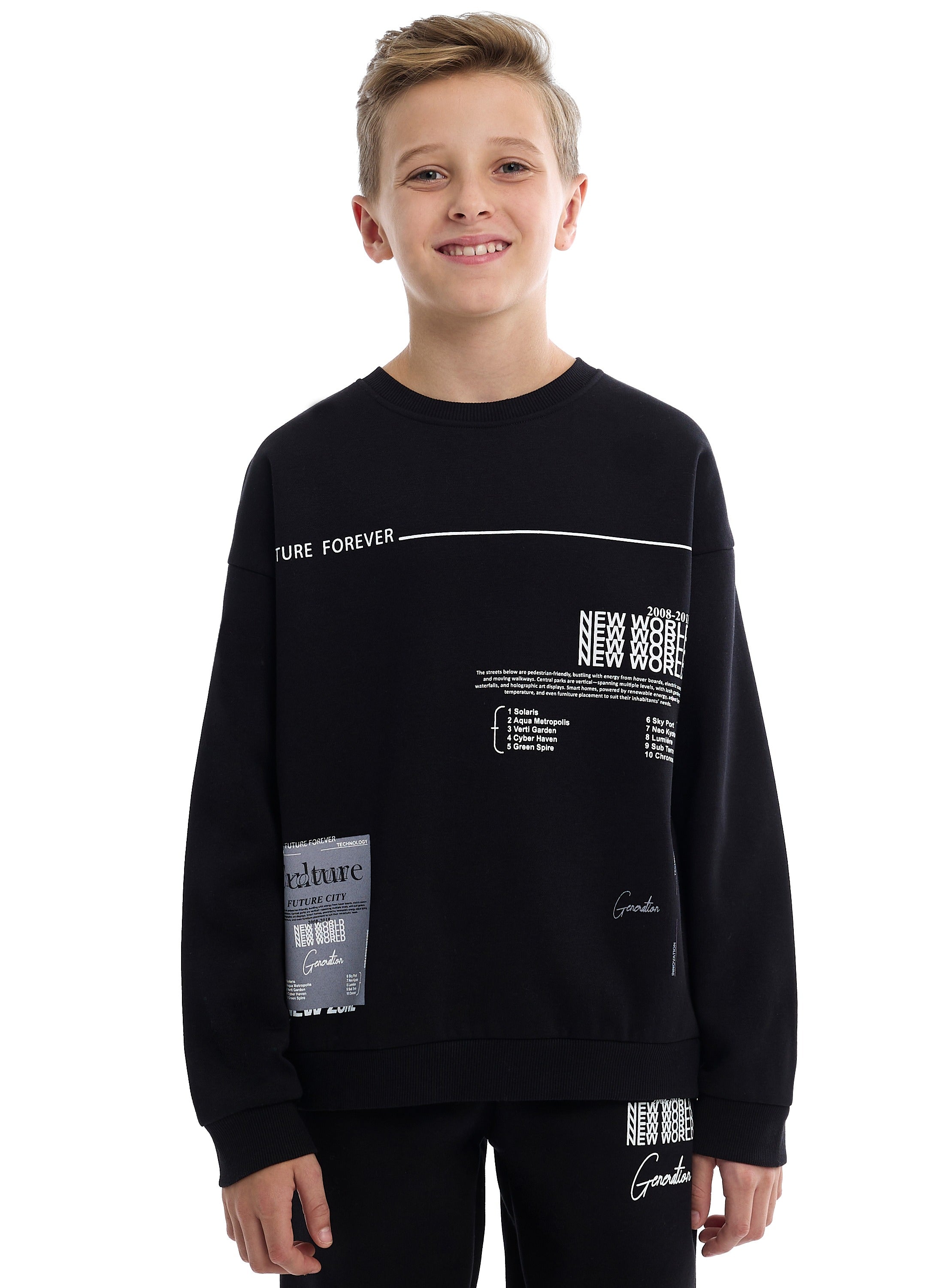 Boys Black Sweatshirt & Jogger Set With Printed Patch Design