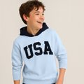 victor and jane boys light blue hoodie with navy blue USA embroidery and contrasting hood