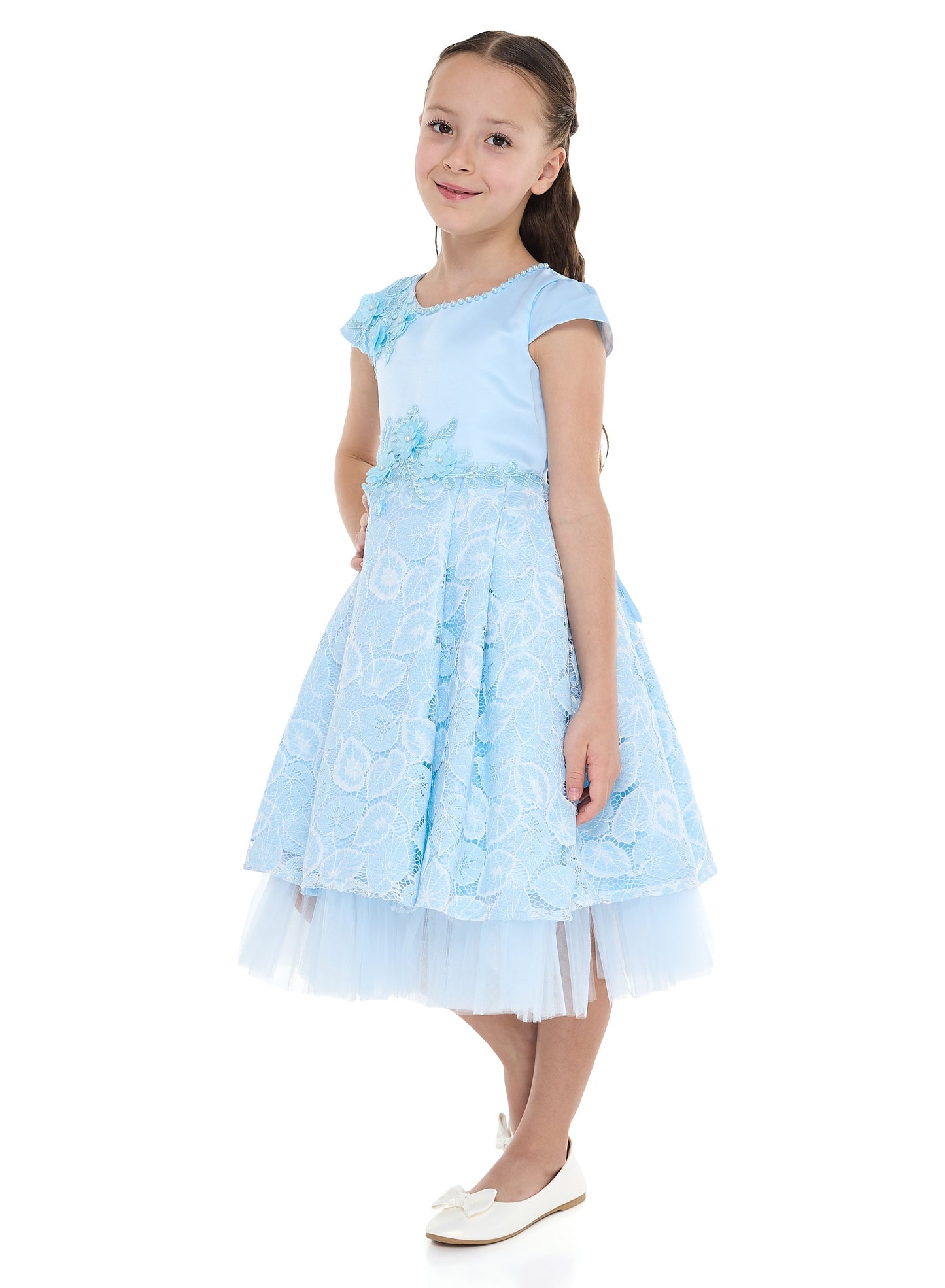 Chic Sky Blue Satin & Lace Party Dress With Mesh & Decoration