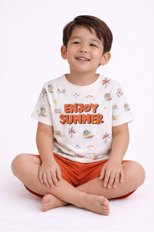 Boys Œenjoy Summer” Print Cotton T-Shirt & Shorts Set “ Comfortable Nightwear & Loungewear