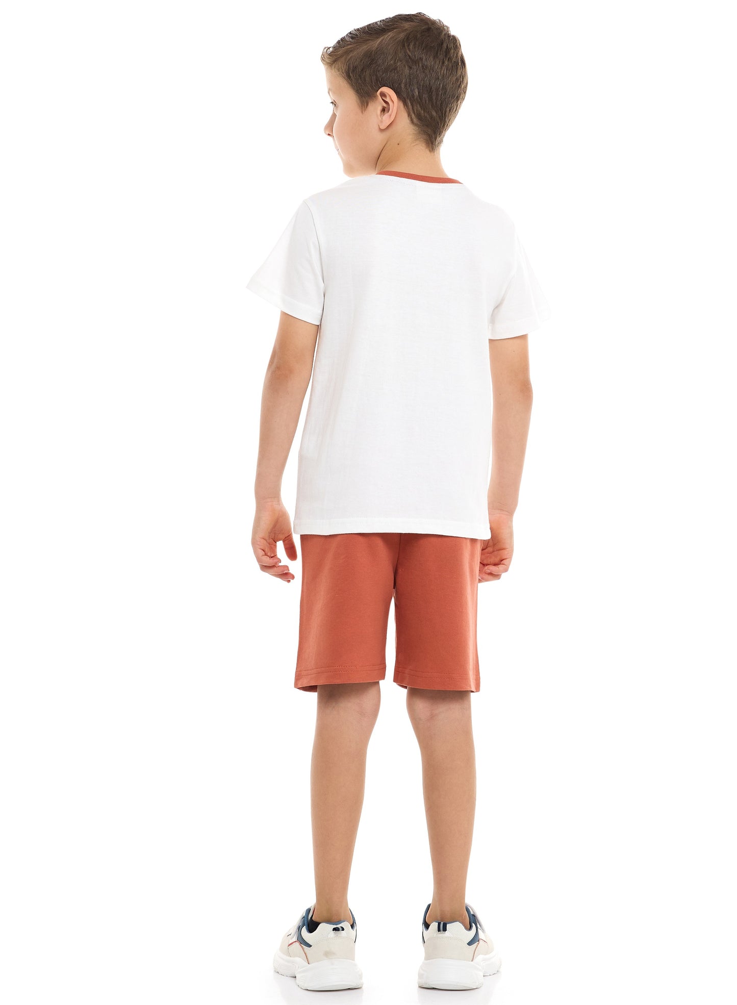 Victor and Jane Cotton Round Neck T-Shirt & Shorts Set – Detailed Print - Off White and Rust