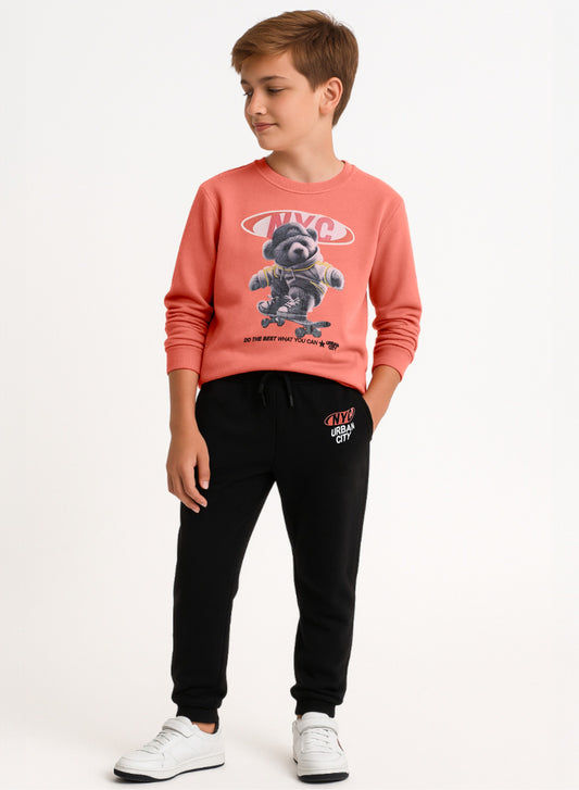 Boys’ Skater Bear Fleece Set – Coral Sweatshirt & Black Joggers