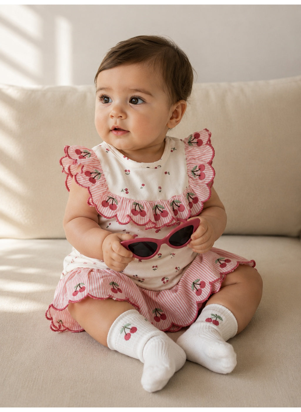 Baby Girls Cherry Print Bodysuit & Skirt Set with Sunglasses & Socks (4-Piece Set)