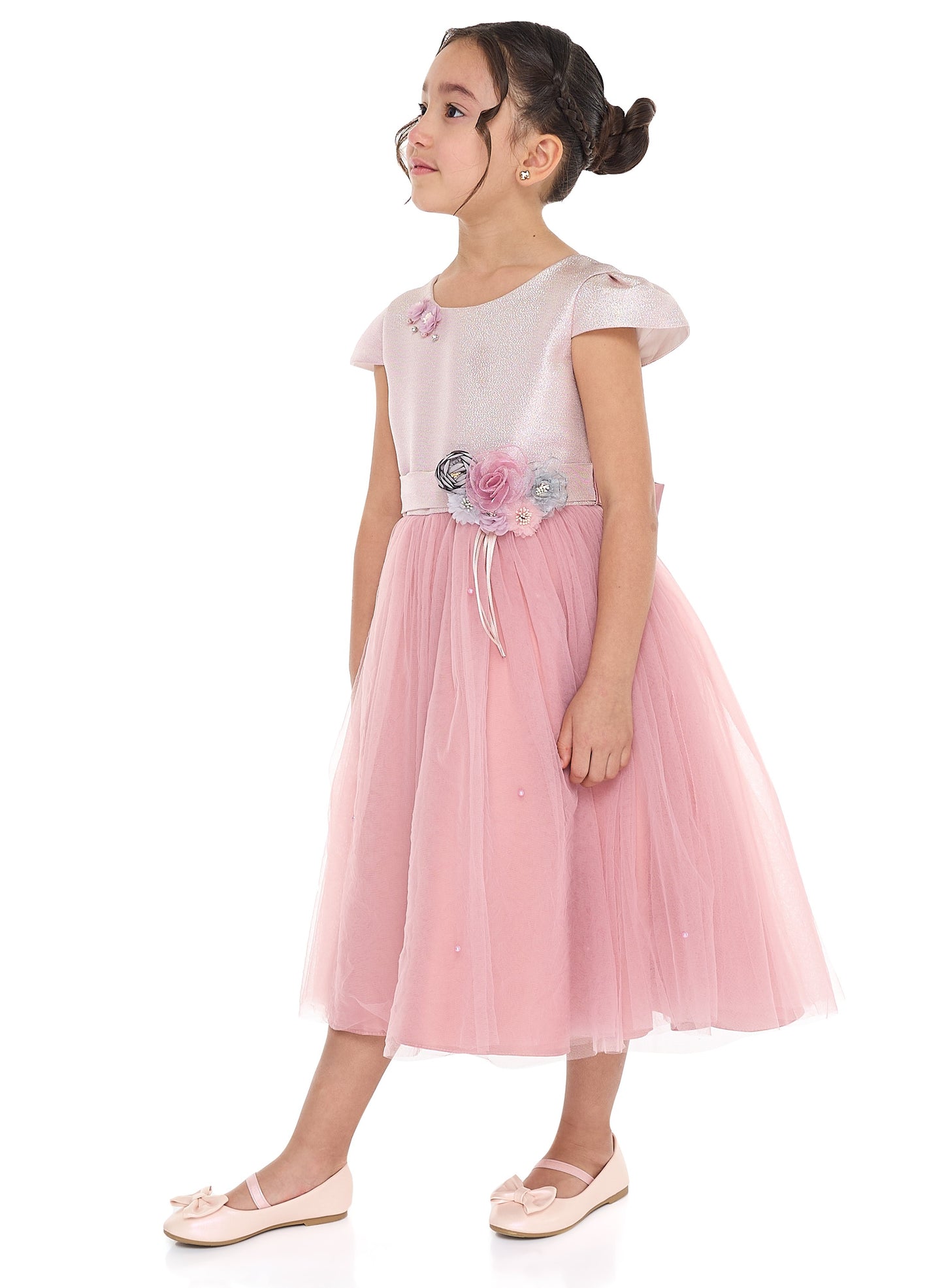 Girls Old Rose Jacquard & Tulle Dress With Flower Decoration