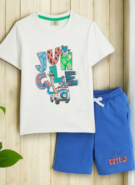 Victor and Jane JR Boys' 2PC Set – Jungle Safari & Day Adventure Theme, White Colour, Comfortable for Summer Wear, 2-3YRS