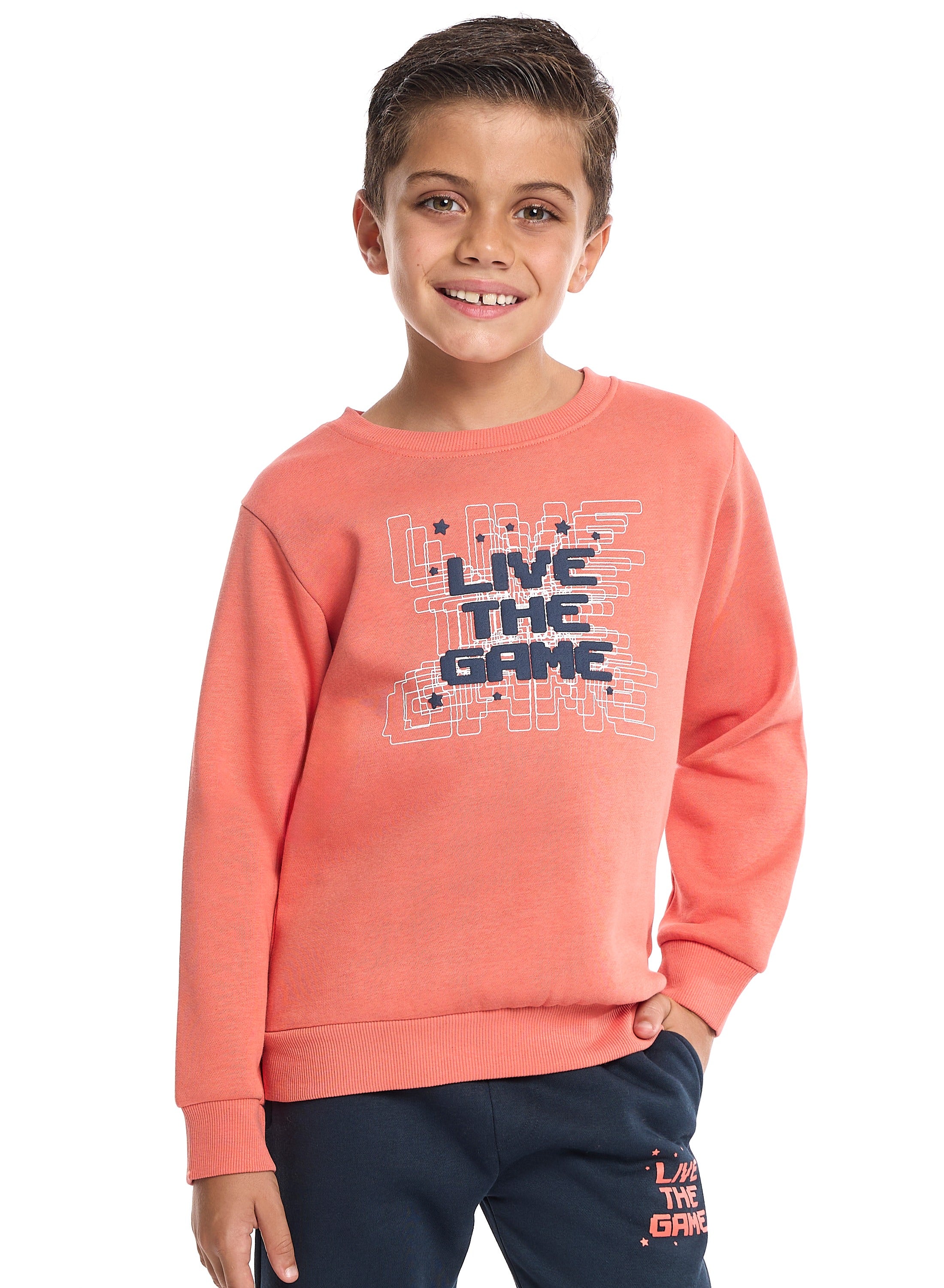 Victor And Jane Cotton Live The Game Graphic Full Sleeves Sweatshirt & Joggers Set - Coral & Navy Blue