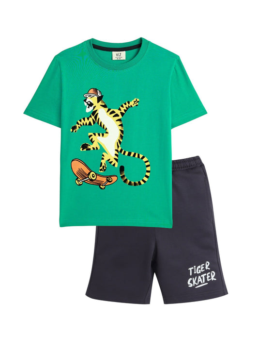 Victor and Jane JR Boys' 2PC Set – "Ride the Streets!" Skateboard, 100% Cotton Summer Wear, Comfertable, Green 2-3YRS