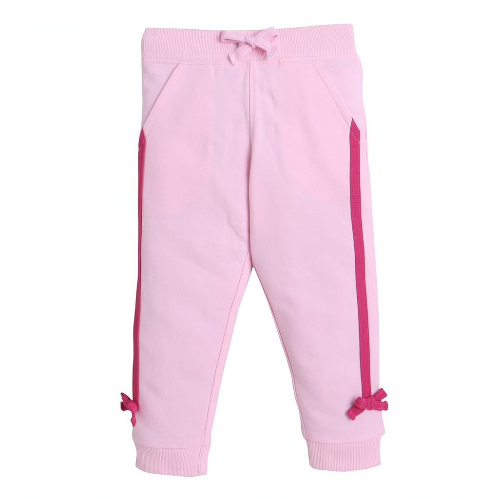 victor and jane light pink girls sweatpants with dark pink side stripes and decorative bows at the cuffs