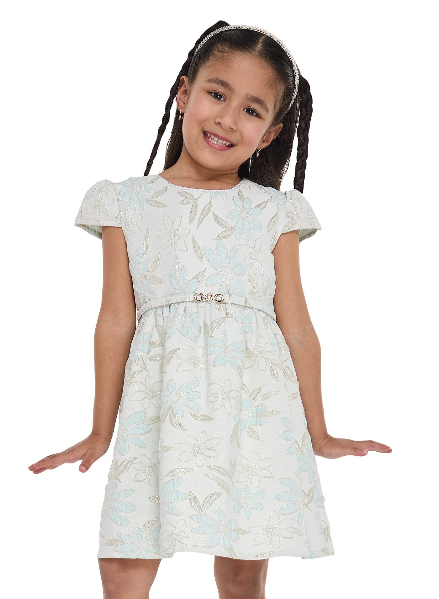 Girls Elegant Green/Gold Jacquard & Tulle Party Dress