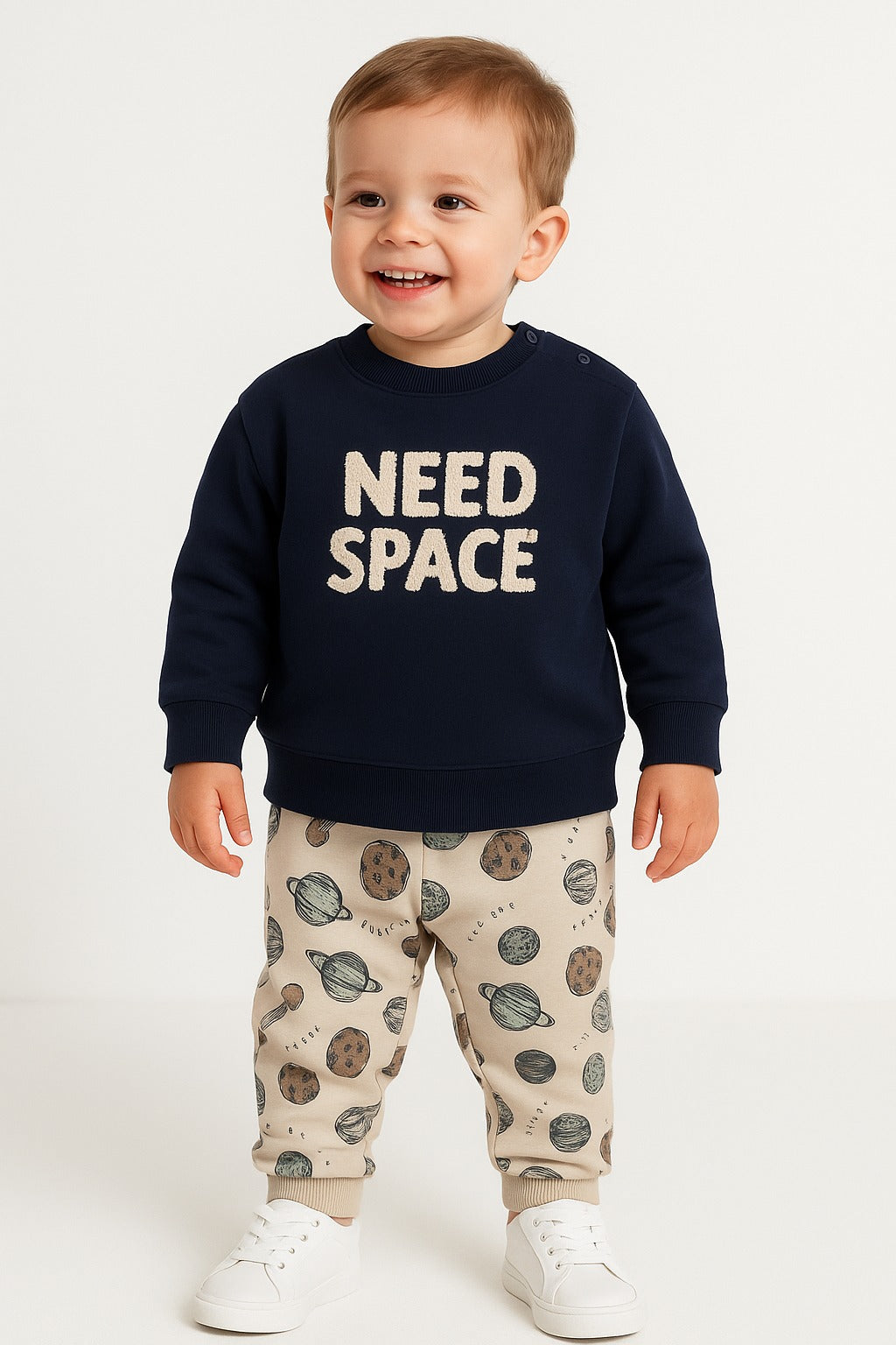 Baby Boys “Need Space” Fleece Tracksuit – Navy & Cream 2-Piece Set