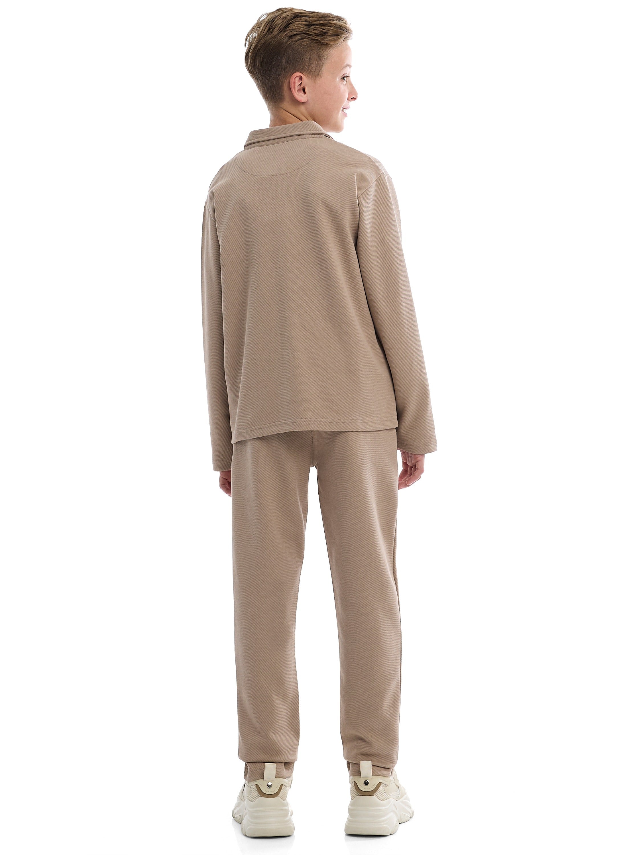 Boys Beige Twill Shirt-Style Co-Ord Set With Front Pockets &Amp; Zip Closure “ Smart Casual Outfit