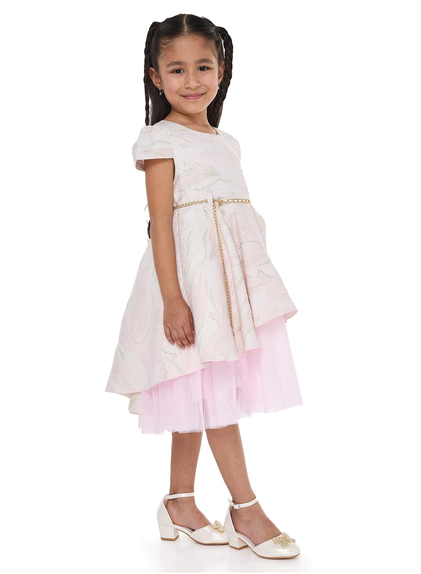 Girls Chic Pink/Gold Jacquard & Tulle Party Dress