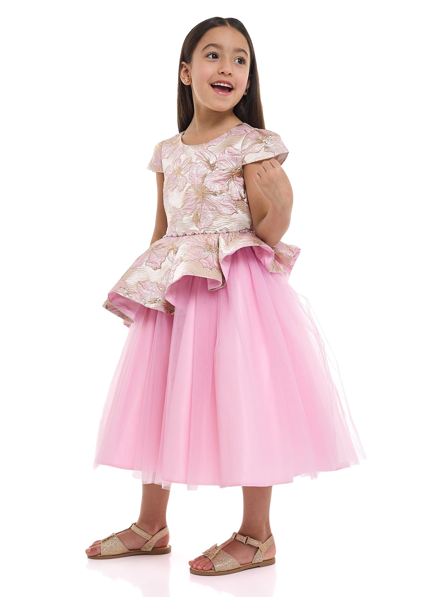 Girls Elegant Pink/Gold Jacquard & Tulle Party Dress