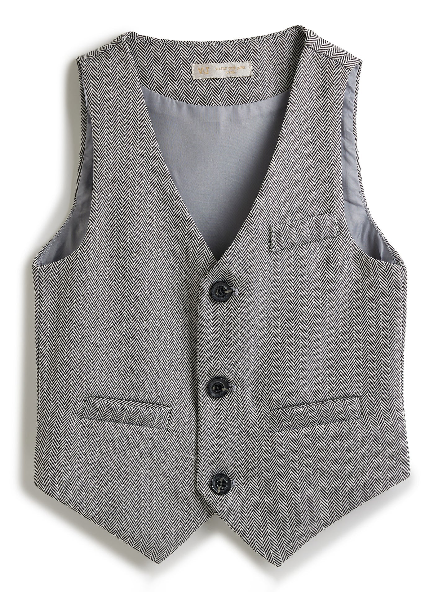 Grey Herringbone Waistcoat And Pant Set With Shirt And Tie