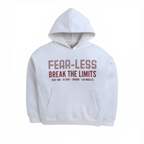 victor and jane boys white hooded sweatshirt with red Fear-Less Break The Limits graphic print and kangaroo pocket