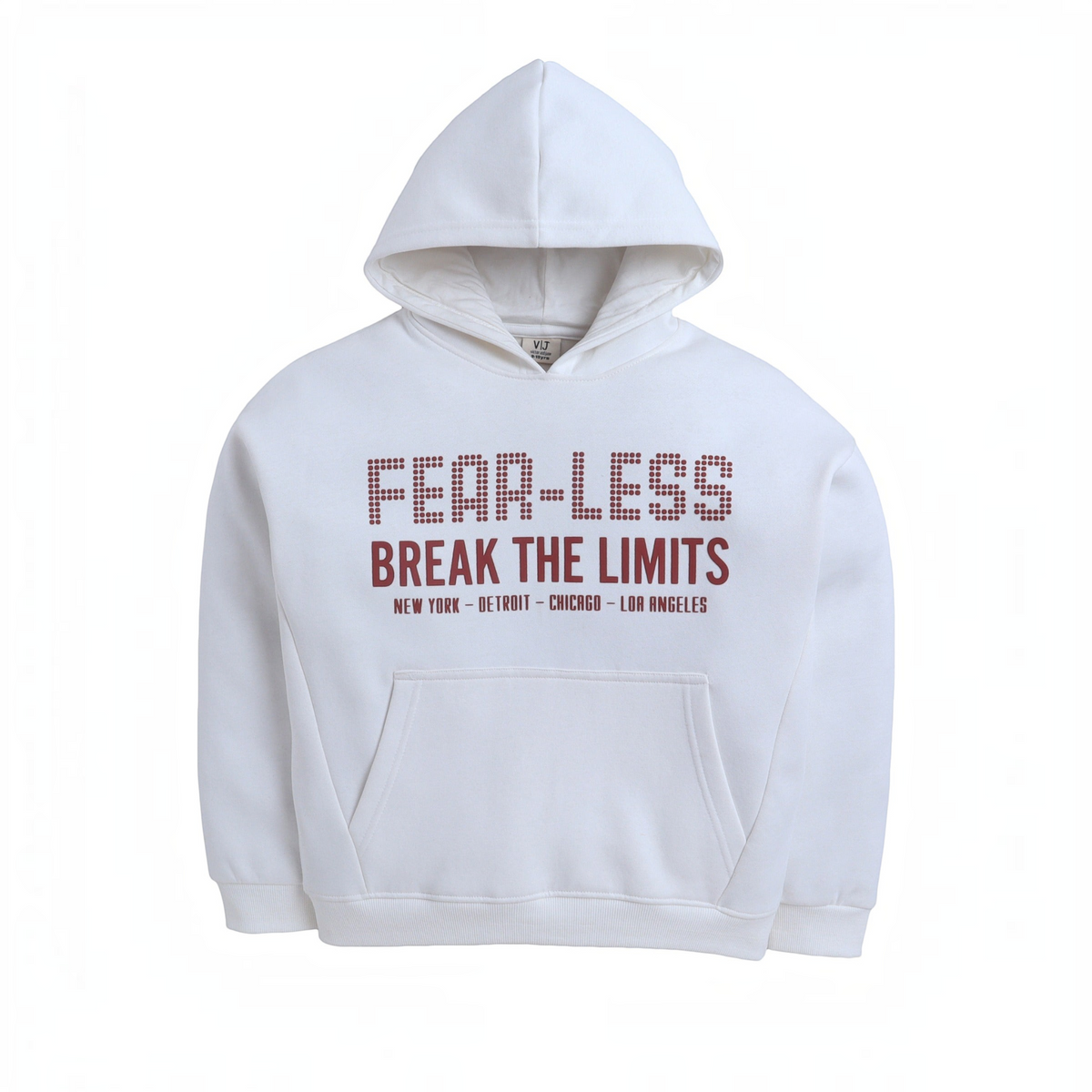 victor and jane boys white hooded sweatshirt with red Fear-Less Break The Limits graphic print and kangaroo pocket