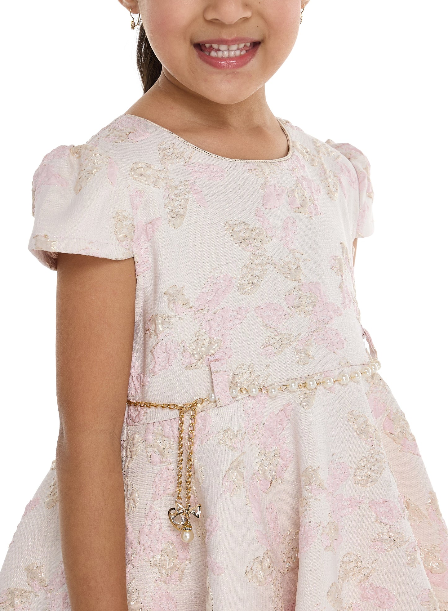 Girls Elegant Pink/Gold Jacquard & Tulle Party Dress