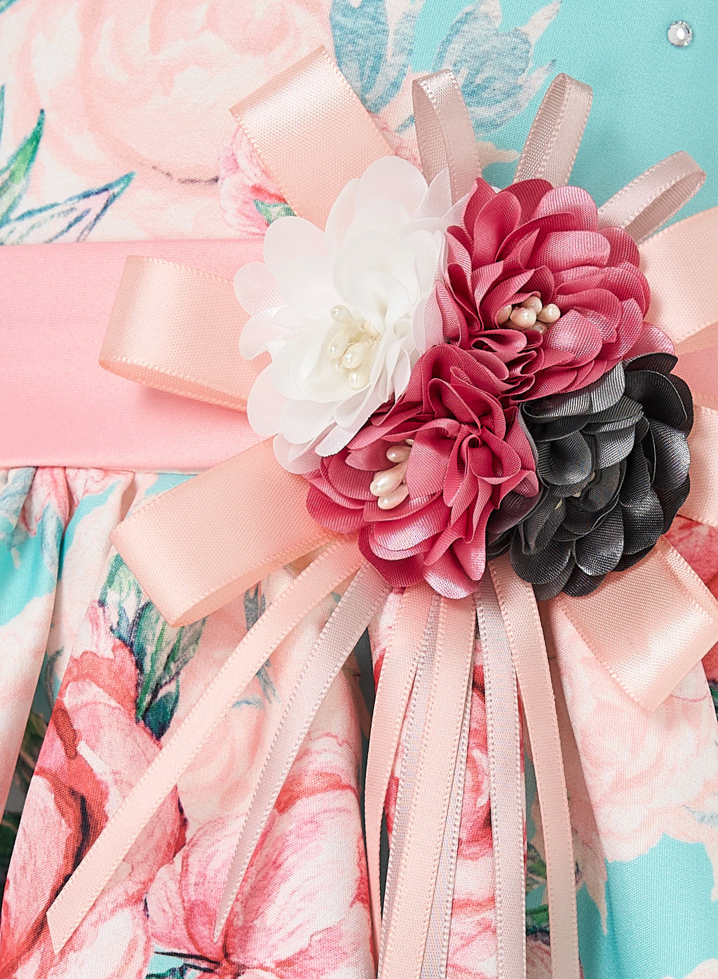 Victor And Jane Floral Satin Dress With Mesh Edge