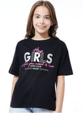 Victor And Jane Girls Graphic Oversized Fashion T-Shirt - Black