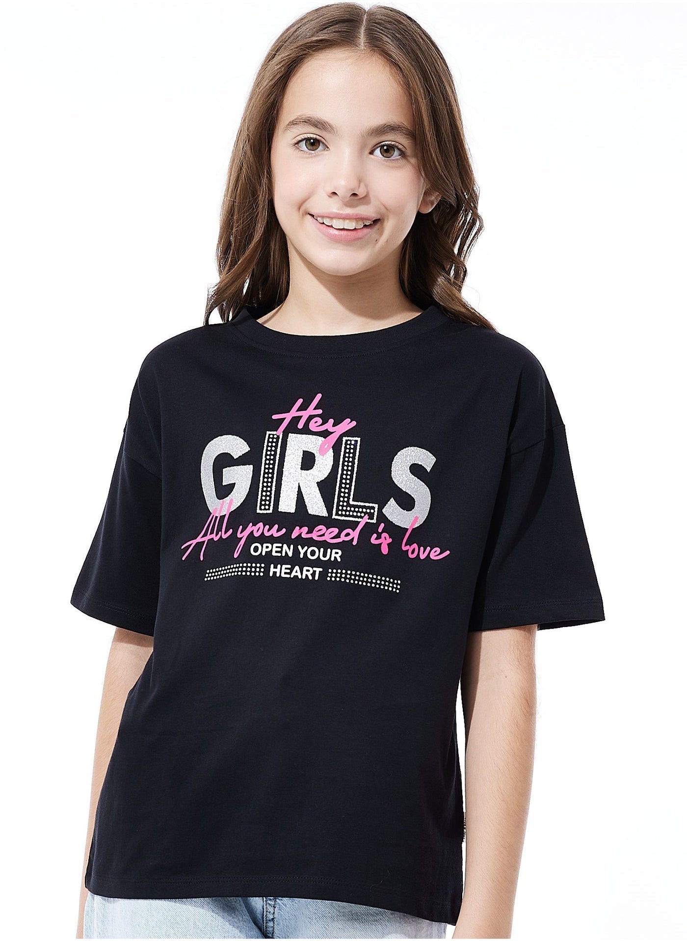 Victor And Jane Girls Graphic Oversized Fashion T-Shirt - Black