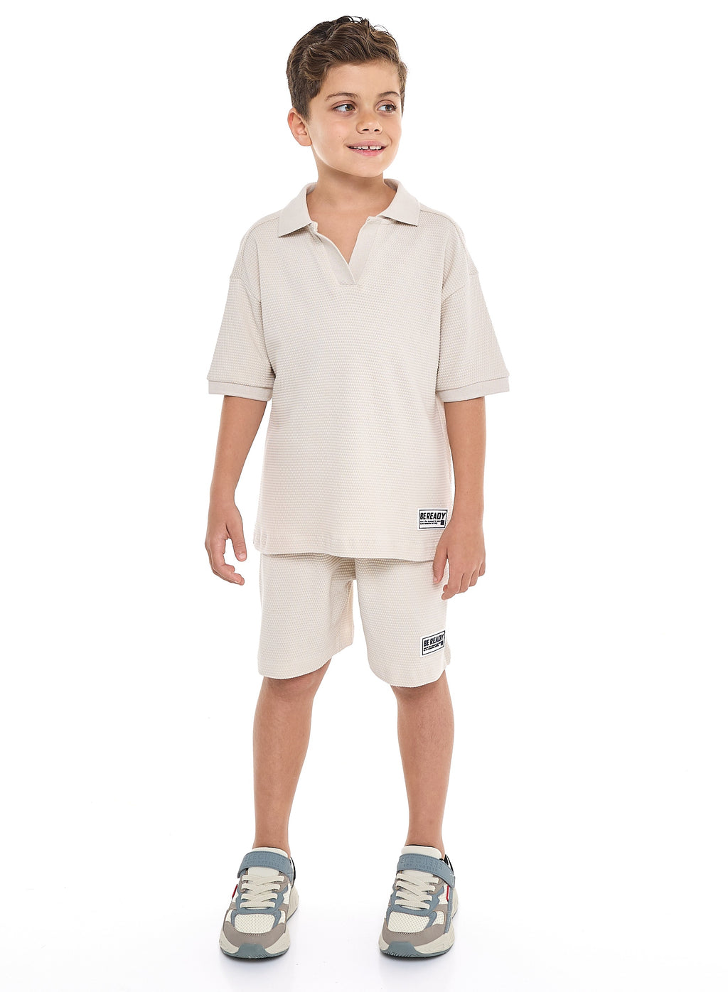 Oversized - Boys' Jacquard 2-Piece Set - Polo T-Shirt With Badge Detail And Matching Shorts With Pockets,