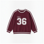 victor and jane girls burgundy fleece sweatshirt with white Legacy 36 graphic print and striped sleeve detailing