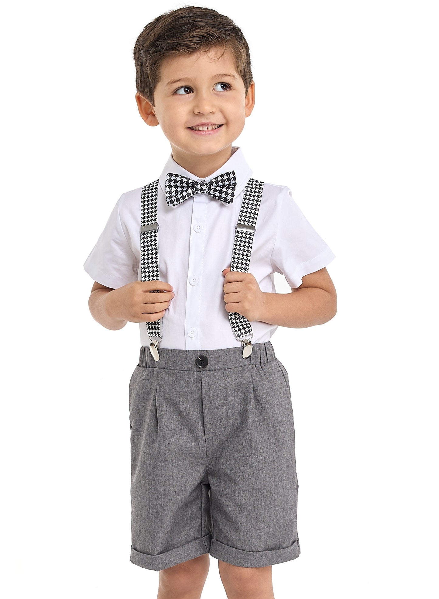 Gray Shorts And Braces Set With Shirt And Bow Tie