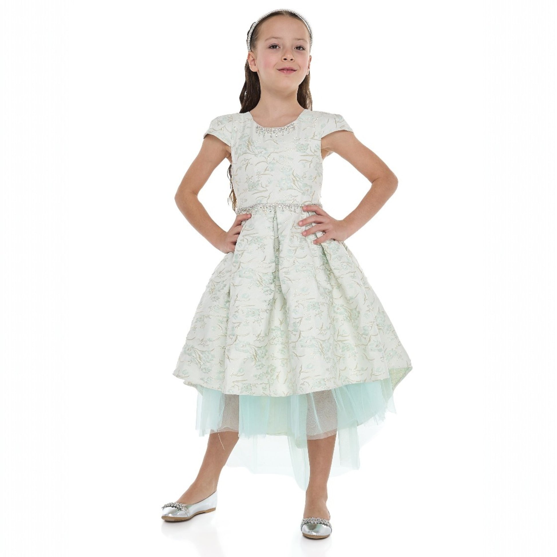 Mint Green/Gold Jacquard High Low Tail Dress With Tulle Mesh victor and jane Mint Green/Gold Jacquard High Low Tail Dress With Tulle Mesh victor and jane