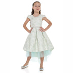 Mint Green/Gold Jacquard High Low Tail Dress With Tulle Mesh