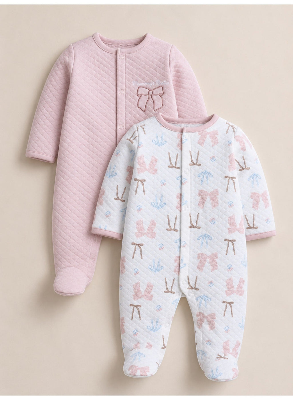 Baby Girls Quilted Footed Onesies 2-Piece Pack with Bow Detail