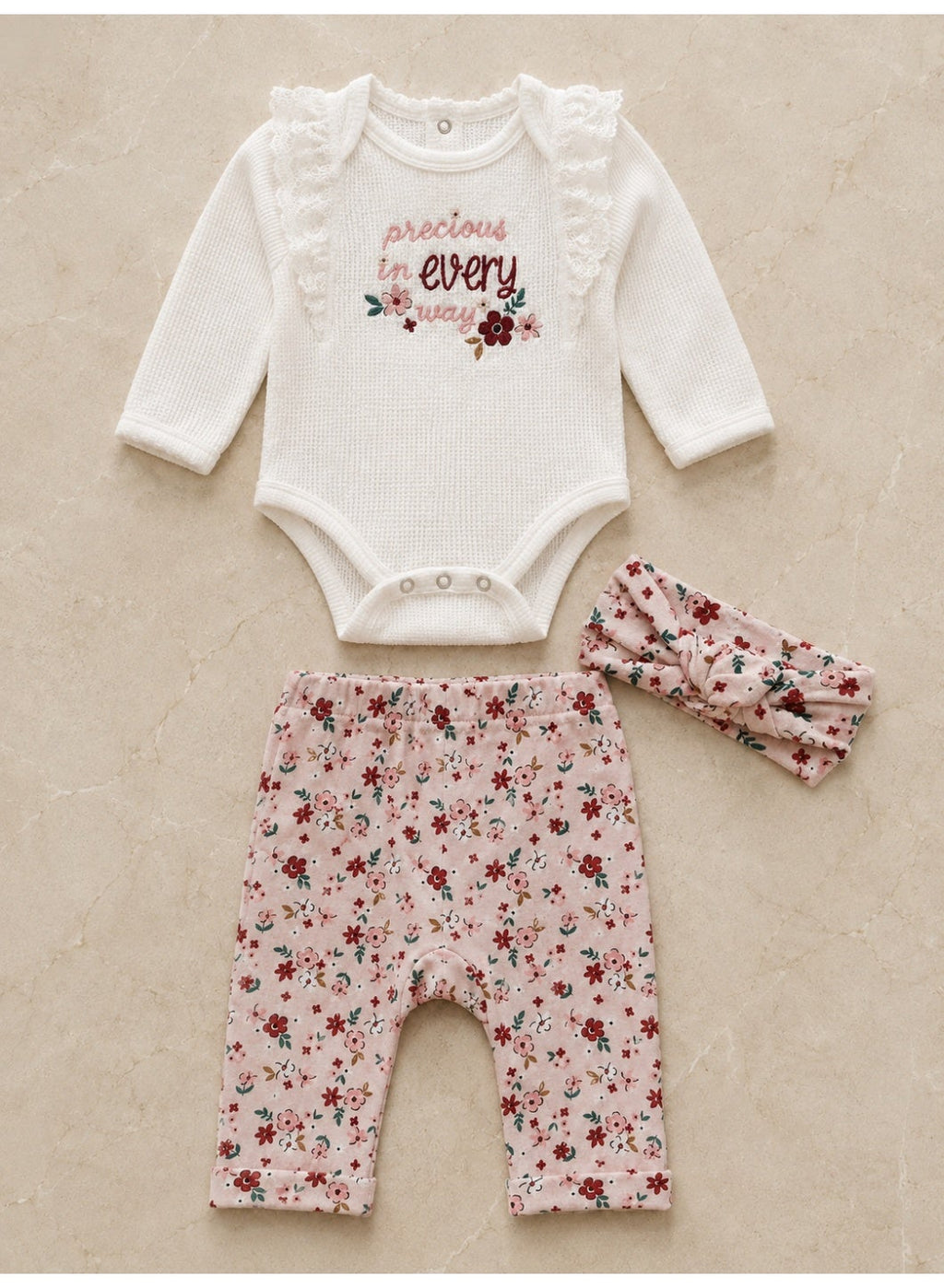 Baby Girls Long Sleeve Bodysuit and Floral Pants Set with Headband (3-Piece)