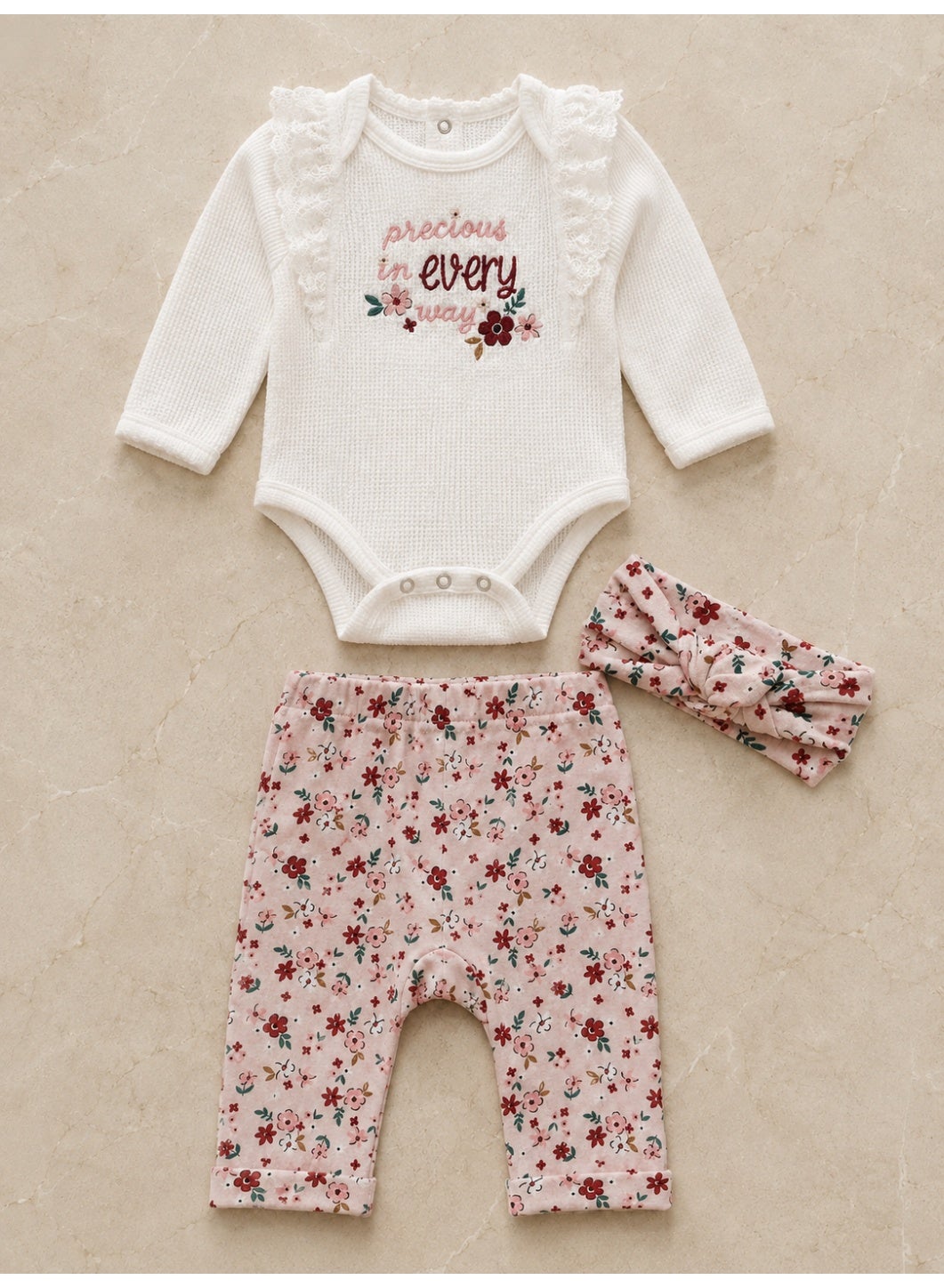 Baby Girls Long Sleeve Bodysuit and Floral Pants Set with Headband (3-Piece)