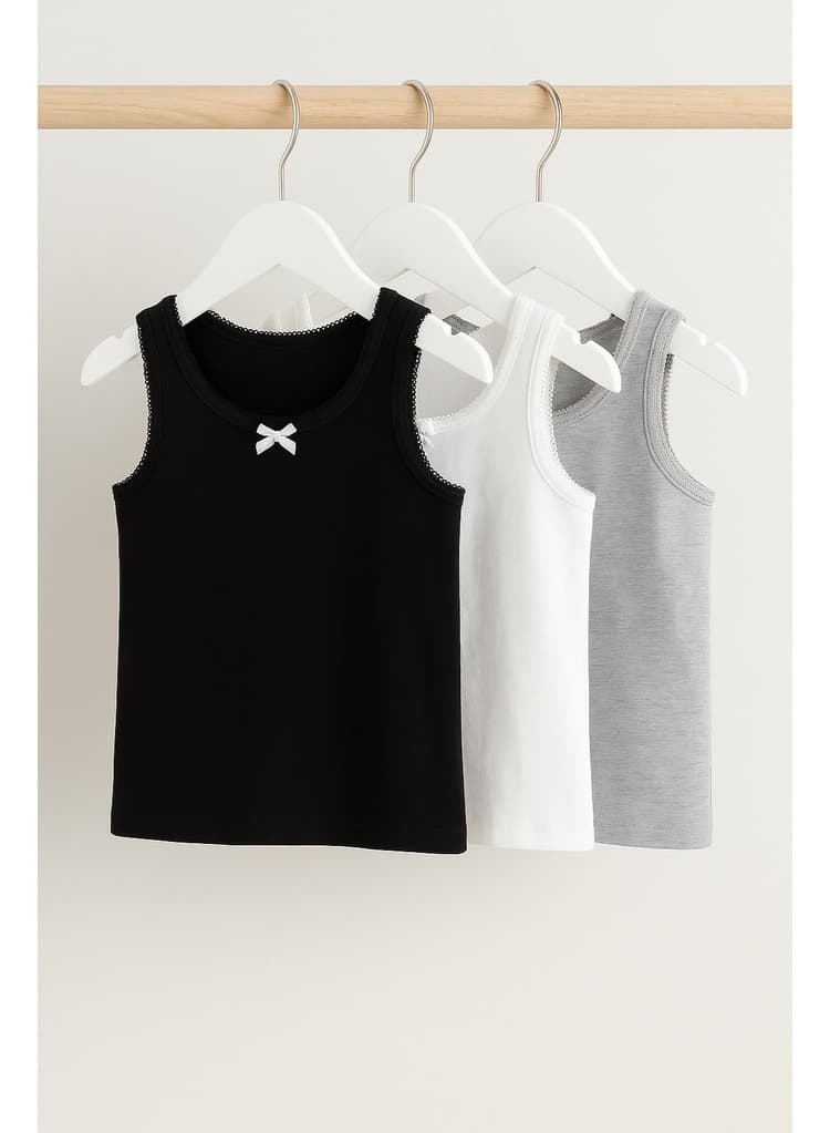 "3-Pack Girls' Cotton Vests “ Neutral Basics In Black, White & Grey "