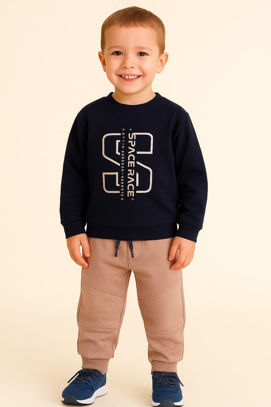 Boys Space Race Fleece Tracksuit – Navy & Sand 2-Piece Set