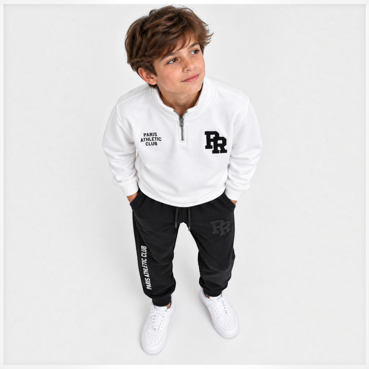 victor and jane boys' white half-zip fleece sweatshirt and black jogger pants set with Paris Athletic Club branding