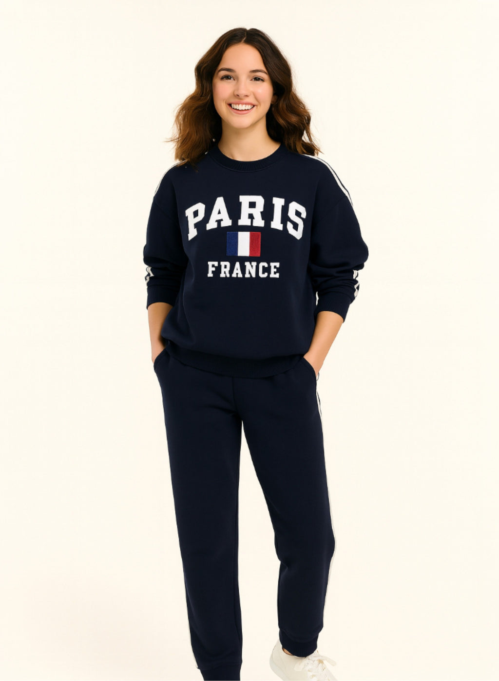 Girls Œparis France” Cotton Fleece 2-Piece Set - Navy