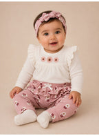 Baby Girls Long Sleeve Bodysuit and Ruffle Pants Set with Headband (3-Piece)