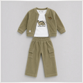 victor and jane boys 3-piece set featuring an olive corduroy zip jacket, white dinosaur t-shirt, and cargo pants.